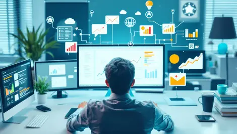 Office person computer keyboard technology growth graphs network icons empowerment professional development positive environment