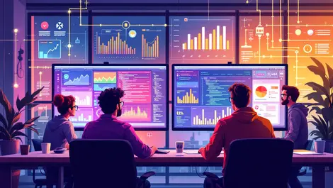 American software engineers collaborating modern workspace data dashboards