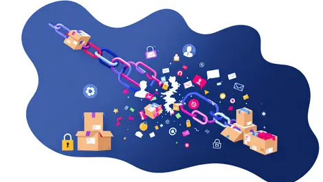 Digital illustration supply chain linked chains boxes data symbols breaking spill