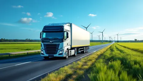 Electric freight truck australian highway green fields clear sky wind turbines