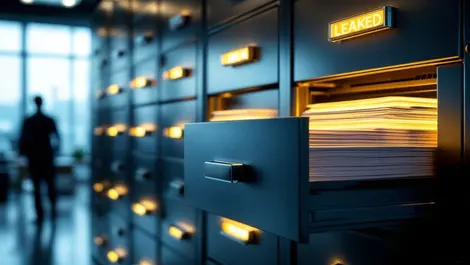 Locked metallic file cabinet with glowing leaked data folders modern office