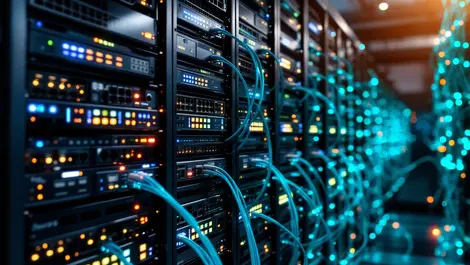 Modern enterprise server room network switches wifi access points glowing cables