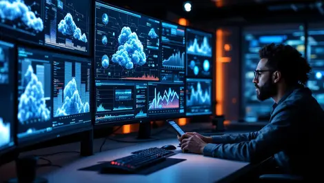 Modern security operations center diverse american analysts monitoring ai cloud security