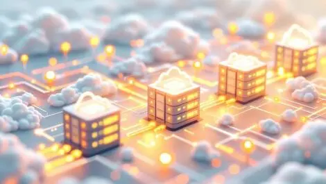 Abstract cloud servers glowing data streams optimization efficiency flow caching icons