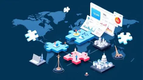 Digital accounting dashboard financial charts connected puzzle landmarks north america europe