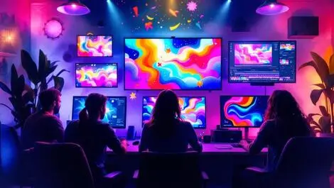 Diverse global group editing vibrant colorful videos digital creative media