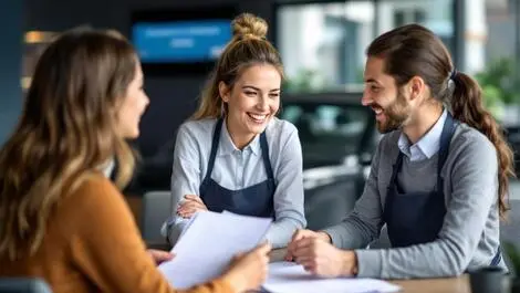 Friendly new zealand bank employee assisting smiling customer with car documents modern office