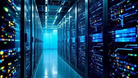 Modern data center cloud servers blue green lights data flow ai automation efficiency