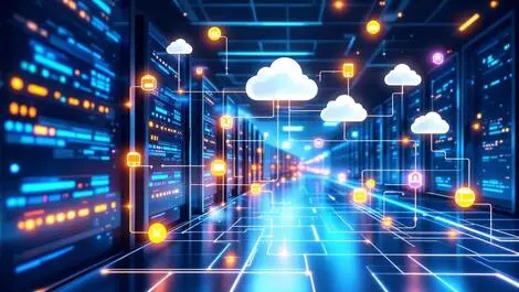 Modern data center interconnected servers cloud icons ai vms containers automation orchestration