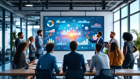 Modern office business collaboration digital data visualization integration ai