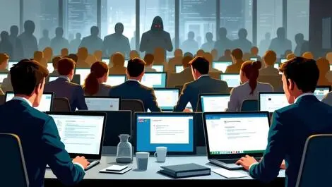 Realistic crowded office professionals usa uk netherlands checking emails digital threat phishing