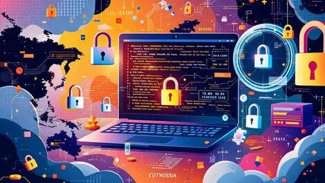 Abstract dark web marketplace digital locks binary code cybercrime russian theme