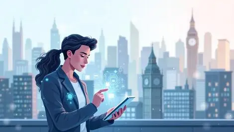 British adult reviewing legal contract digital tablet ai circuit patterns cityscape