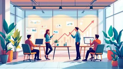 Modern office wellington professionals discussing ai tools growth charts uss market