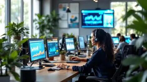 Modern australian contact centre customer service agents desks headsets staffing levels dashboard