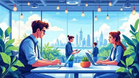Modern illustration australian tech entrepreneurs collaborating brisbane office digital health technology queensland cues