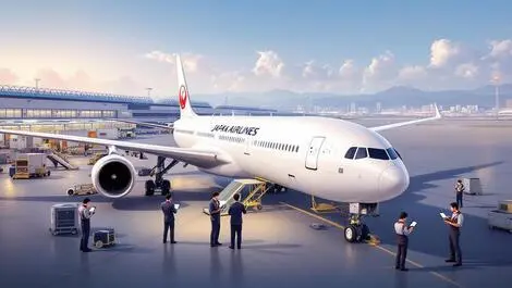 Realistic japan airlines aircraft maintenance technicians digital tools hangar skyline aviation innovation