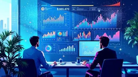 Modern office business professionals analyzing digital charts subscription growth ai elements