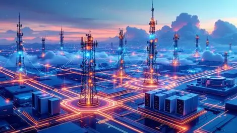 Modern telecom network edge station antenna towers data servers ai glowing lines real time processing cloud hybrid edge computing