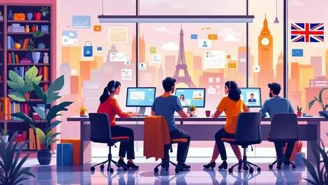 Modern uk customer support center professionals digital tools vibrant workspace enhancing experience