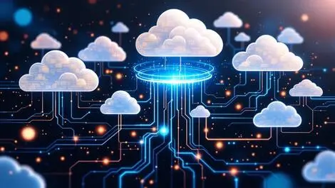 Interconnected data clouds flowing data streams ai circuit patterns analytics