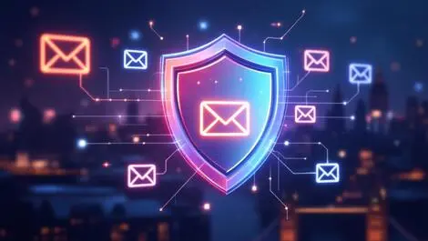 Digital shield protecting data streams email icons london cityscape cybersecurity symbol