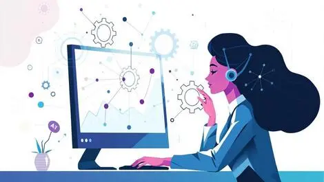 Businesswoman computer interacting digital gears network icons ai business growth