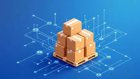 Stacked cardboard boxes on pallets with ai driven digital connections supply chain logistics