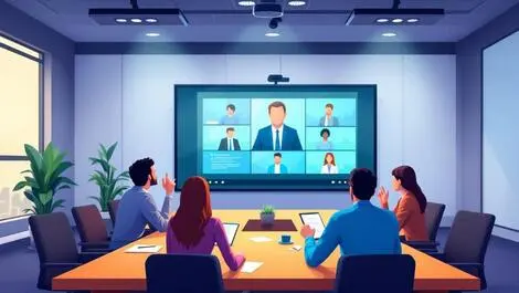 Illustration conference room large display screens ceiling microphones video call