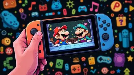 Handheld gaming console classic video game characters colorful icons