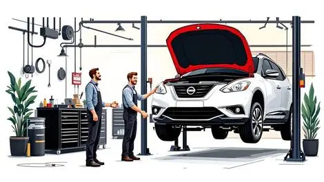Nissan car serviced uk garage happy customers mechanics handshake