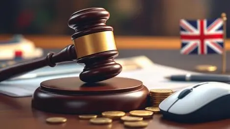 Realistic illustration judge gavel stack coins computer mouse uk law