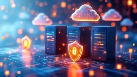 Realistic illustration multiple servers glowing shields cloud symbols cyber resilience