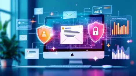 Realistic computer screen email inbox suspicious email digital shield analytics threat detection