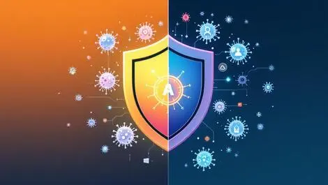 Illustration shield digital viruses malware neutalized ai cyber protection windows linux