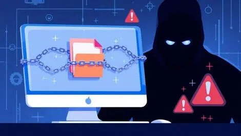 Computer files locked by chains shadowy digital figure cybersecurity alert