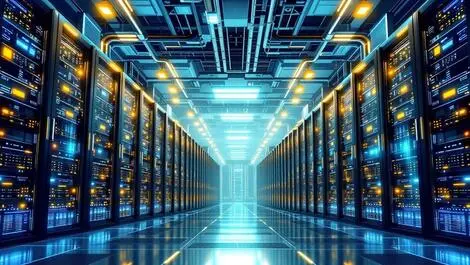 Detailed modern data center interior rows server racks blinking lights cooling