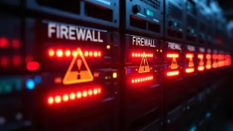 Server room with red alert warnings on firewall hardware units security failure