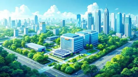 Modern eco friendly data centre solar panels cooling towers tropical singapore cityscape