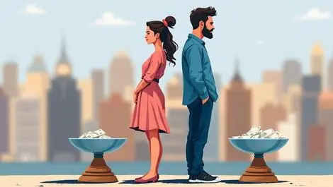 Australian woman man back to back uneven scales wage inequality cityscape