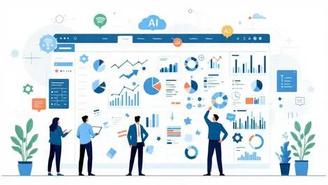 Business team analyzing fragmented spreadsheet with ai compliance icons