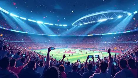 Crowded football stadium cheering fans vibrant atmosphere digital screens mobile devices