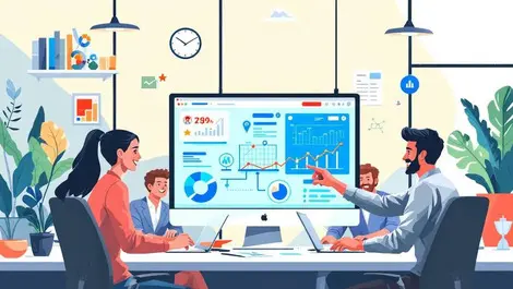 Professional office happy employees around large computer showing client data