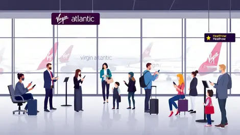 Heathrow airport terminal passengers using smartphones virgin atlantic planes tech travel