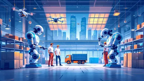 Advanced industrial robots drones human engineers high tech logistics warehouse singapore cityscape