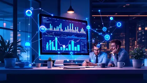 Realistic illustration computer screen financial data analysis network business team collaboration modern office