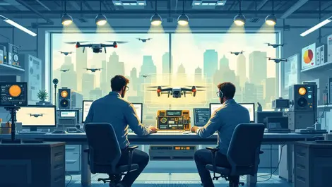 Engineers working drone detection equipment modern tech lab us research