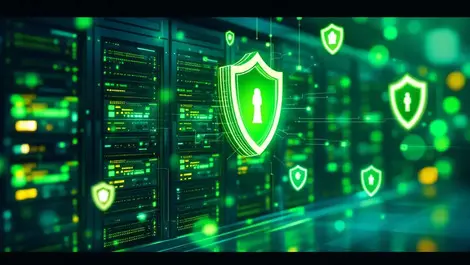 Realistic secure data center glowing green servers floating shields cyber resilience