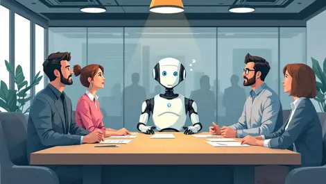 Business meeting executives confused ai robot center illustration organizational struggle integration