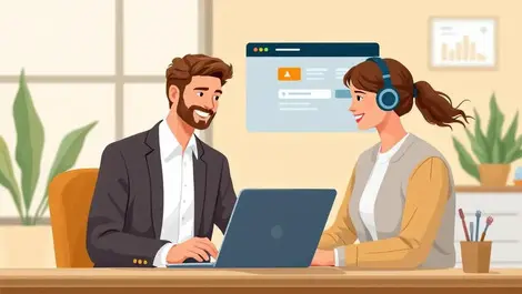 Friendly bank advisor assisting canadian small business owner laptop